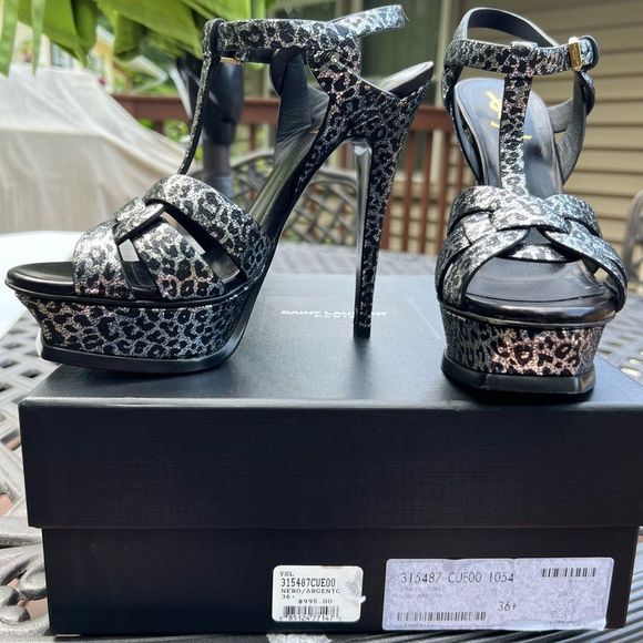 Saint Laurent YSL Leopard Print Metallic Tribute T Strap Platform Shoes 36.5/6 - Picture 1 of 11